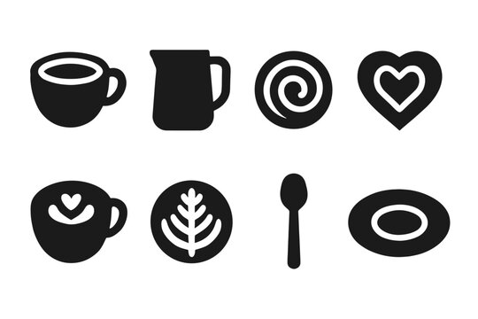 Latte Art Icons. Latte art. Filled icon set of latte art: cup, milk jug, swirl pattern, heart foam, tulip