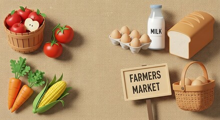 Farmers Market Fresh Produce and Dairy Products on a Brown Background.