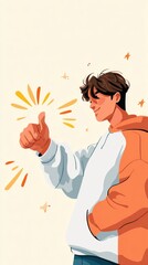 Obraz premium illustration A smiling young man gives a thumbs up with stylized celebratory elements radiating around him illustration marketing visual content