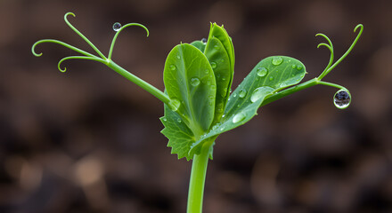 Green sprout with water droplets on leaves seedling