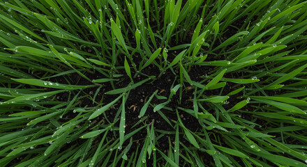 Close up of green grass blades with water droplets