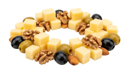 cheese cubes with olives and nuts arranged in a circle transparent background