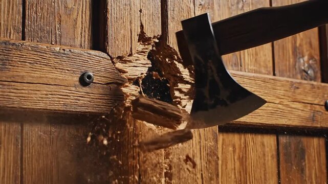 CloseUp Shot of an Axe Splitting Wooden Door with Flying Debris and Dust Motes illuminated by Sunlight creating a dramatic effect and showing the force of impact on aged wood texture with metal