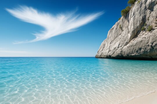 Crystal clear tropical beach with turquoise water, white sand, and dramatic cliffside under a bright blue sky with unique cloud formation. - Powered by Adobe