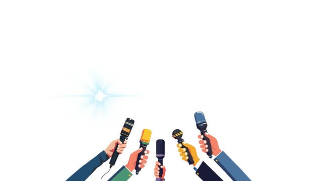 Press conference illustration with hands holding microphones and bright flash animation isolated on solid background