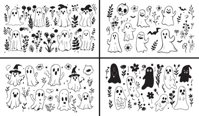 Obraz premium cute ghost clipart, halloween cat doodles, witch cartoon icons, spooky animal drawings, kawaii halloween art, black white spooky clipart, printable halloween characters, kids spooky pack, halloween ou