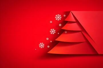 Rich red background with a folded paper-style Christmas tree emerging from layered geometric panels. White snowflake icons floating around the tree.