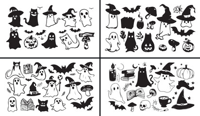 Obraz premium cute ghost clipart, halloween cat doodles, witch cartoon icons, spooky animal drawings, kawaii halloween art, black white spooky clipart, printable halloween characters, kids spooky pack, halloween ou