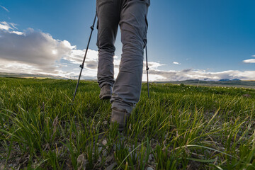 A hiker in trekking boots walks across a green meadow during golden hour, trekking poles in hand. Medium rear shot from below focuses on the boots against the vast field.