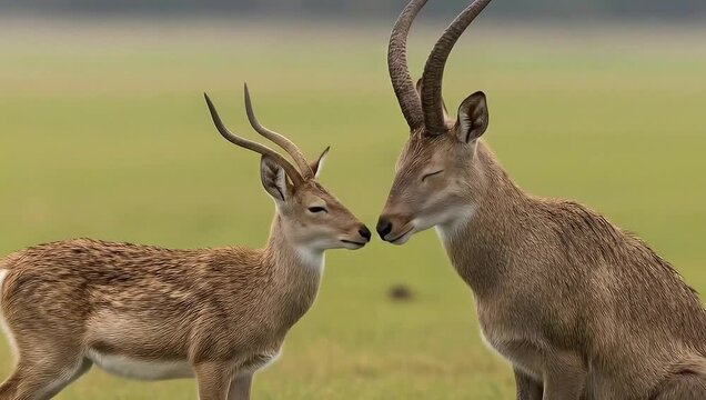 Antelopes Facing Each Other in a Grassy Field, Showcasing Their Long Horns and Natural Behavior