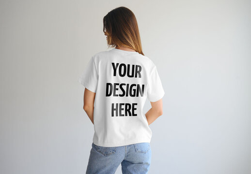 Mockup Of Woman Wearing Customized T-Shirt, Rear View