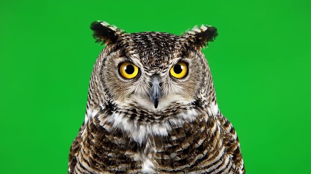 Close Up Portrait of an Owl with Bright Yellow Eyes on Green Screen