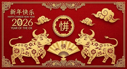 Golden Oxen Chinese New Year Celebration 2026 Festive Design.