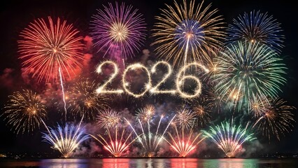 New Year Celebration Fireworks 2026 at Night Over Cityscape with Colorful Displays