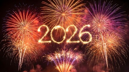 New Year Celebration, Fireworks Display, Global Event, Night Sky, Festival Atmosphere, Wide Angle, 2026 Countdown