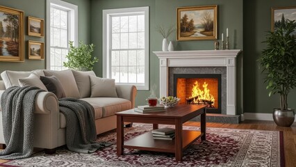 Obraz premium Cozy living room with beige couch and fireplace on green wall