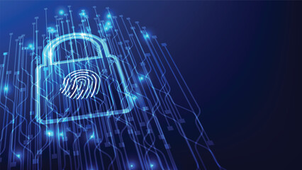 digital padlock with fingerprint scanner on blue futuristic background. cyber security and fraud data access protection