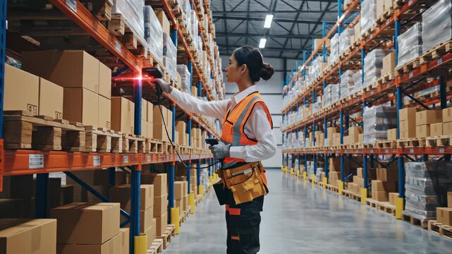 Warehouse worker scanning boxes - Powered by Adobe