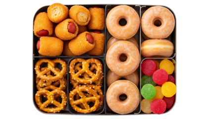 assorted snacks in a compartmentalized tray including donuts pretzels and candies transparent background