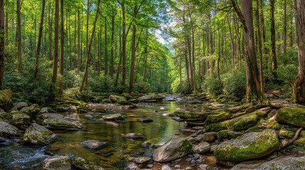 Fototapeta premium Calming River Flowing Through a Lush Green Forest with Tall Trees and Sunlight Streaming Through the Canopy in Bright Day