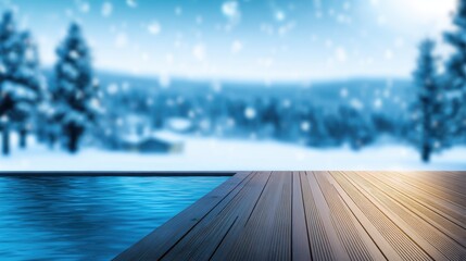 A serene winter landscape featuring a snowy backdrop with a wooden deck and tranquil water