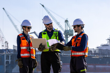 group of industrial engineers workers in a refinery - oil and gas processing equipment and machinery, engineers collaborate with a laptop, blueprint, and digital tablet at the oil storage tanks site.