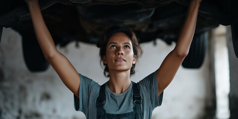 Female auto mechanic performing maintenance on car undercarriage, embracing a career in automotive engineering