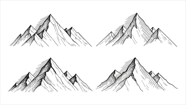 A set of minimal mountain range silhouettes in a CAD linework style, each isolated on a white background. Ideal for site plans, topographic maps, and landscape architecture drawings.