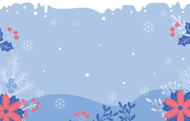 A serene winter scene featuring a snowy top border and a colorful floral bottom border with berries and snowflakes. Perfect for holiday announcements and seasonal cards.