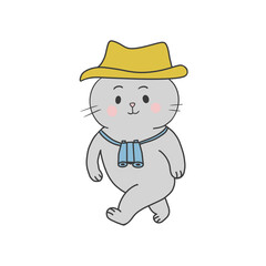 Naklejka premium Cute Cat Explorer with Binoculars Cartoon Illustration