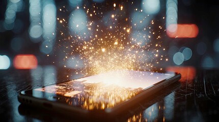 A glowing smartphone which screen emits bright golden-orange light with sparkling particles bursting outward, blending with a futuristic cityscape visible on the display.