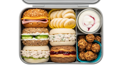 a lunch box with sandwiches and snacks transparent background