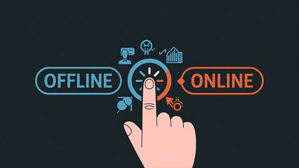 Cartoon hand selects online option from a split interface with icons finger illustration