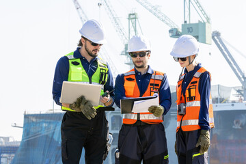 group of industrial engineers workers in a refinery - oil and gas processing equipment and machinery, engineers collaborate with a laptop, blueprint, and digital tablet at the oil storage tanks site.