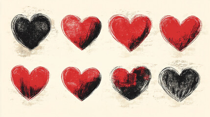 Heart art print valentine's day gift romantic love illustration red black hearts wall decor home gifts artwork