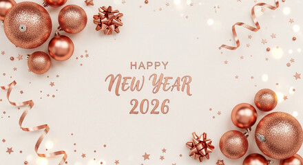 Rose gold baubles, ribbon, confetti and star decorations around text. Representative of celebration, festivity and future New Year event