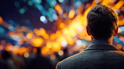 abstract Man wearing a suit jacket looks out at a vibrant blurred display of lights abstract marketing visual content