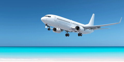 Commercial airplane flying over tropical beach and turquoise ocean water, vacation flight or travel arrival concept