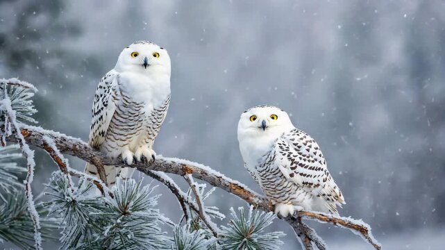 Two Snowy Owls Perched on Snow Covered Pine Branch in Winter Forest During Snowfall