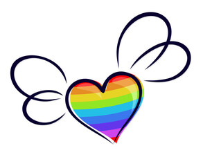 Rainbow heart symbol with wings.
