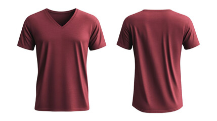 Plain Maroon V-Neck T-Shirt Mockup Front and Back Views 3D Rendering on transparent background