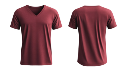 Plain Maroon V-Neck T-Shirt Mockup Front and Back Views 3D Rendering on transparent background