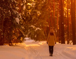 A person walks alone on a snow-covered path through a serene forest at sunrise or sunset with warm light filtering through the trees.