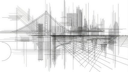 Architectural Blueprint of a Modern City Skyline with a Suspension Bridge.
