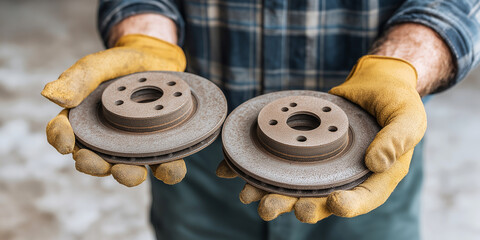 Mechanic holding two old worn brake discs, inspecting car part for replacement in auto repair shop
