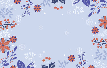 A festive frame background with scattered winter flowers, poinsettias, and blue leaves. Great for square or rectangular holiday greeting cards.