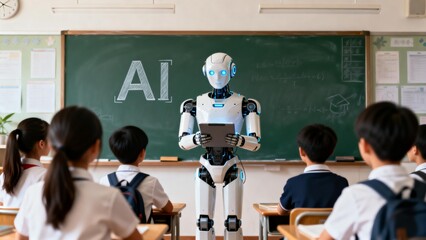 Robot teacher in classroom with students