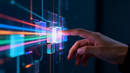 Hand interacting with digital cubes and light beams