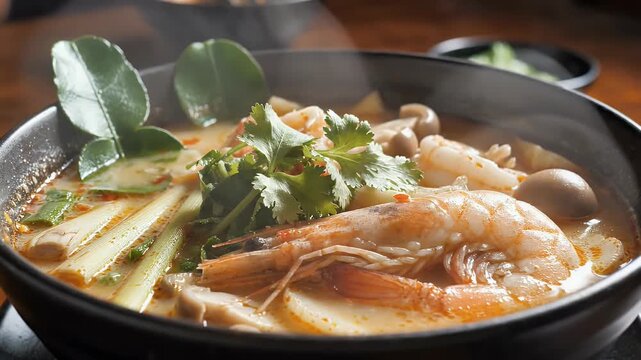 Tom Yum Soup With Shrimp and Fresh Herbs, Rising Steam and Gentle Surface Ripples