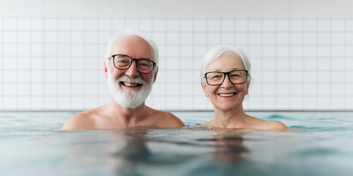 Senior couple swimming and smiling in a pool, enjoying wellness, health, and a happy retirement together - Powered by Adobe